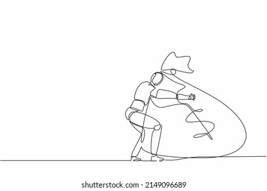 Continuous one line drawing robots hugging huge bag full cash of money. Humanoid robot cybernetic organism. Future robotics development concept. Single line draw design vector graphic illustration