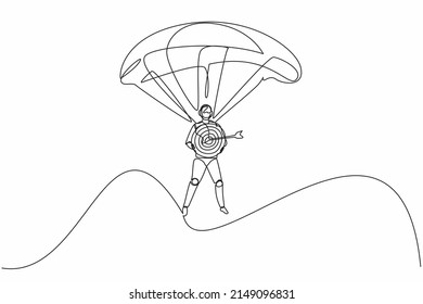 Continuous one line drawing robots jump with parachute and holding target. Humanoid robot cybernetic organism. Future robotics development concept. Single line draw design vector graphic illustration