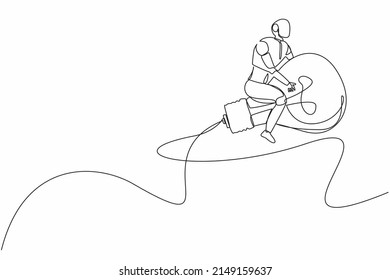 Continuous one line drawing robots riding light bulb rockets. Modern robotics artificial intelligence technology. Electronic technology industry. Single line draw design vector graphic illustration