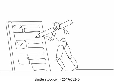 Continuous one line drawing robots standing and mark checklist with big pencil. Humanoid robot cybernetic organism. Future robotics development concept. Single line design vector graphic illustration