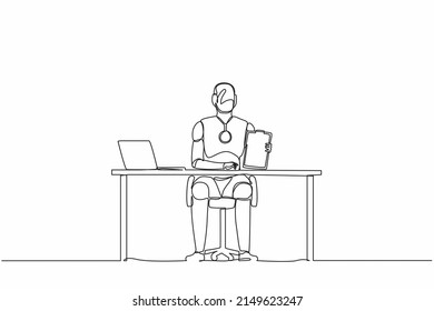 Continuous one line drawing robots sitting near office desk and showing clipboard. Humanoid robot cybernetic organism. Future robotics development concept. Single line draw design vector illustration
