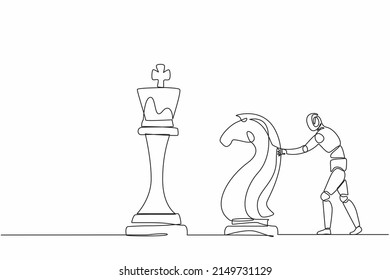 Continuous one line drawing robots push huge knight horse chess piece to take down king. Humanoid robot cybernetic organism. Future robotics development concept. Single line draw design vector graphic