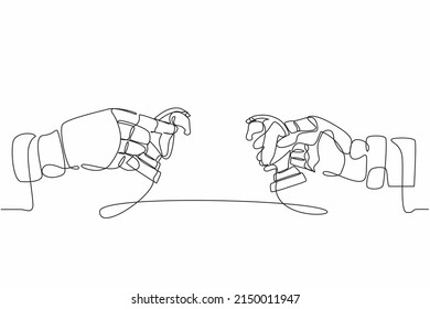 Continuous one line drawing robots hands holding knight horse chess piece and the other hand too. Humanoid robot cybernetic organism. Future robotic development concept. Single line draw design vector