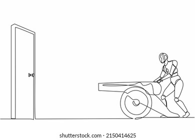 Los robots de dibujo de una línea continua encienden cañones frente a la puerta para destruir la puerta. Robot humanoide organismo cibernético. Concepto futuro de desarrollo robótico. Gráfico vectorial de diseño de trazos de línea única