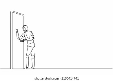 Continuous one line drawing robots standing in front of room and knocking door. Humanoid robot cybernetic organism. Future robotics development concept. Single line design vector graphic illustration