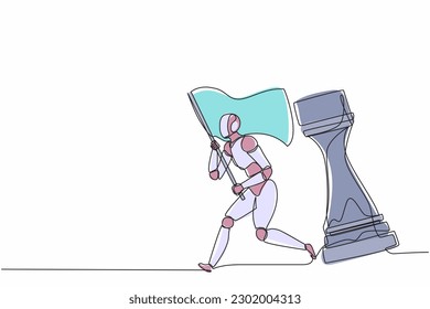 Continuous one line drawing robots running and holding flag beside big rook chess piece. Humanoid robot cybernetic organism. Future robotics development concept. Single line draw design vector graphic