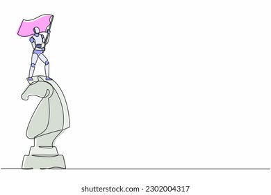 Continuous one line drawing robots riding big chess horse knight and holding flag. Humanoid robot cybernetic organism. Future robotics development concept. Single line draw design vector illustration