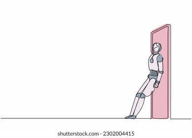 Continuous one line drawing robots standing and pushing door with her back. Humanoid robot cybernetic organism. Future robotics development concept. Single line draw design vector graphic illustration