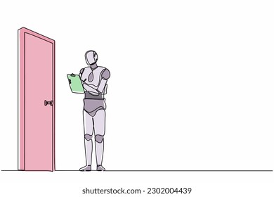 Continuous one line drawing robots standing in front of door and writing on clipboard. Humanoid robot cybernetic organism. Future robotics development concept. Single line draw design vector graphic