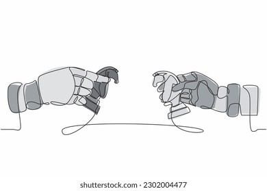 Continuous one line drawing robots hands holding knight horse chess piece and the other hand too. Humanoid robot cybernetic organism. Future robotic development concept. Single line draw design vector