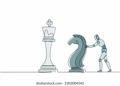 Continuous one line drawing robots push huge knight horse chess piece to take down king. Humanoid robot cybernetic organism. Future robotics development concept. Single line draw design vector graphic