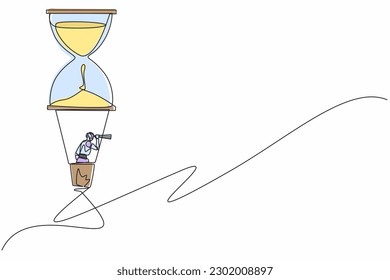 Continuous one line drawing robots using monocular, flying with hot air balloon hourglass. Humanoid robot cybernetic organism. Future robotics development. Single line draw design vector illustration