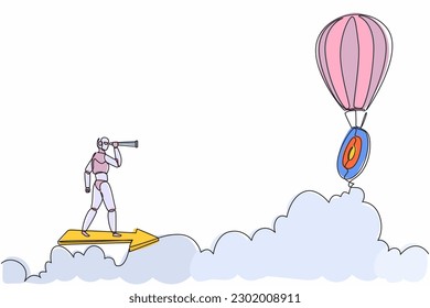 Continuous one line drawing robots ride arrow and looking with monocular air hot balloon target. Humanoid robot cybernetic organism. Future robotics development. Single line draw design vector graphic
