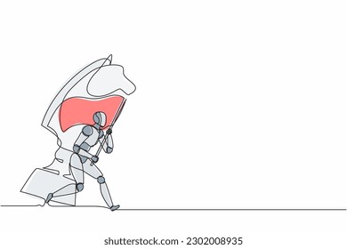 Continuous one line drawing robots running and holding flag beside big horse knight chess. Humanoid robot cybernetic organism. Future robotics development concept. Single line design vector graphic