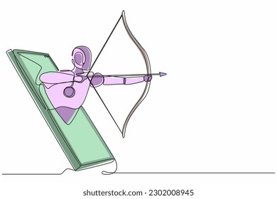 Continuous one line drawing robots come out from cellular phone holding bow and arrow aiming to shoot. Humanoid robot cybernetic organism. Future robotics development. Single line draw design vector
