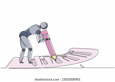 Continuous one line drawing robots standing near big checklist and fills out questionnaire with pencil. Humanoid robot cybernetic organism. Future robotics development. Single line draw design vector