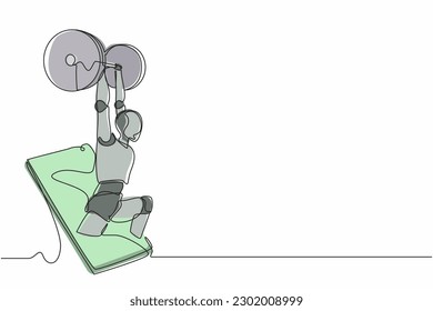 Continuous one line drawing robots come out from cellular phone with weightlifter pose. Humanoid robot cybernetic organism. Future robotics development concept. Single line draw design vector graphic