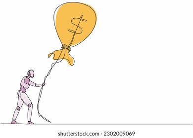Continuous one line drawing robots holding flying money bag dollar balloon with rope. Humanoid robot cybernetic organism. Future robotics concept. Single line draw design vector graphic illustration