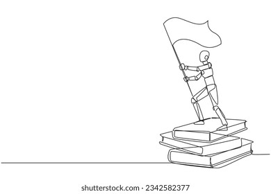 Robots continuos de dibujo de una línea sobre pilas de libros gigantes con bandera. La inteligencia artificial puede hacer que los robots lean el libro sobre los negocios. Ilustración vectorial de diseño de líneas simples