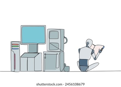 Continuous one line drawing robots are assembling super powerful computers. Hardware created based on intelligent robot analysis. Book festival concept. Single line draw design vector illustration
