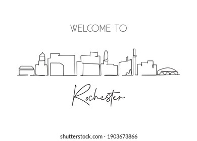 Continuous one line drawing Rochester city skyline, Minnesota. Beautiful landmark. World landscape tourism travel wall decor poster print art. Stylish single line draw design vector illustration