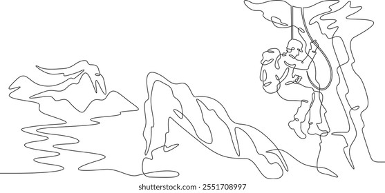 Continuous one line drawing rock climber on a rock. A climber climbs a rope over a cliff. Mountain landscape.One continuous line isolated minimal illustration.Not AI.