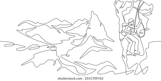 Uma linha contínua desenhando escalador de rocha em uma rocha. Um alpinista escala uma corda sobre um penhasco. Montanha paisagem.Uma linha contínua isolada ilustração mínima.Não AI.