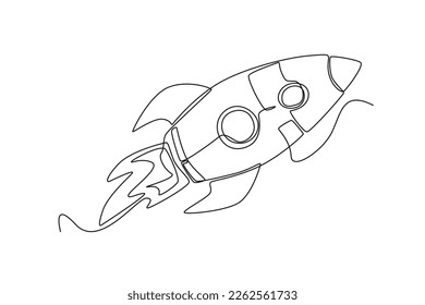 Continuous one line drawing rocket. Outer space concept. Single line draw design vector graphic illustration.