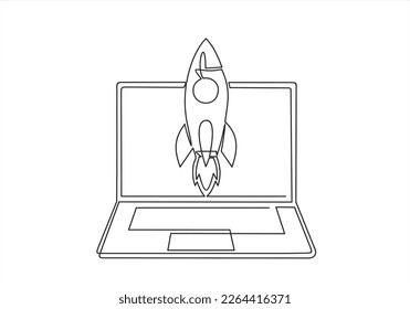 Continuous one line drawing of Rocket launch, ship on screen laptop. Continuous line drawing. Startup business. Vector illustration. Isolated on white background.