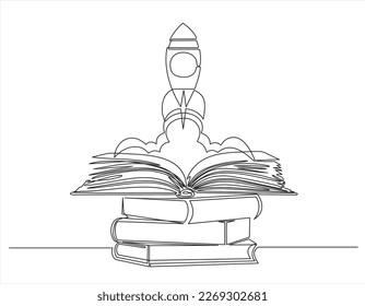 Continuous One line drawing of rocket spaceship and books stack,  graduation for dream,imagination,creativity conceptual. Continuous line art vector illustration