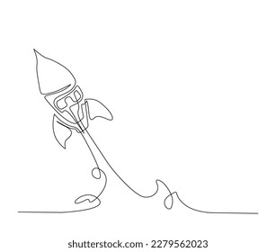 Continuous one line drawing of rocket take off. Rocket space ship launch line art vector illustration.