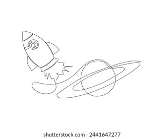 Continuous one line drawing of rocket. One line of spacecraft flying. Universe concept continuous line art. Editable outline.
