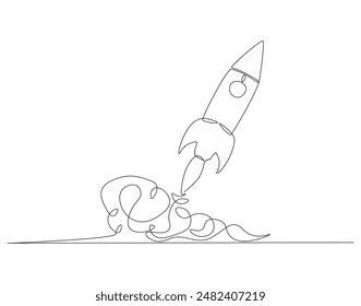 Continuous one line drawing of rocket ship launch. One line drawing illustration of rocket. Space ship concept continuous line art. Editable outline.
