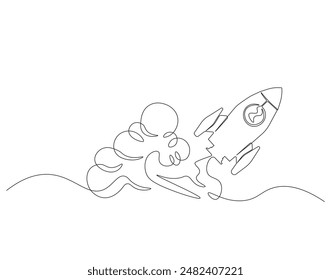 Continuous one line drawing of rocket ship launch. One line drawing illustration of rocket. Space ship concept continuous line art. Editable outline.
