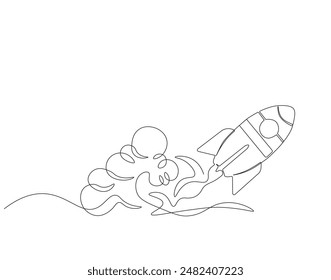 Continuous one line drawing of rocket ship launch. One line drawing illustration of rocket. Space ship concept continuous line art. Editable outline.
