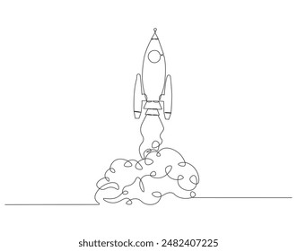 Continuous one line drawing of rocket ship launch. One line drawing illustration of rocket. Space ship concept continuous line art. Editable outline.
