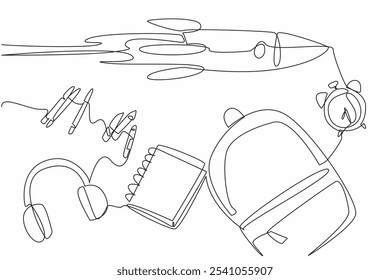 Continuous one line drawing rocket flies across notebook. Focus on studying to pursue the dreams. Study seriously every time. Make notes. Cosmonautics Day. Single line draw design vector illustration