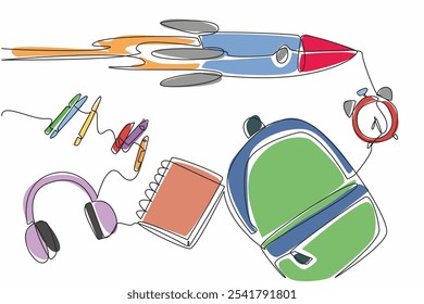 Continuous one line drawing rocket flies across notebook. Focus on studying to pursue the dreams. Study seriously every time. Make notes. Cosmonautics Day. Single line draw design vector illustration