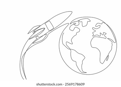 Continuous one line drawing rocket flying and beside it is a globe. Space expedition completed. Back to earth. Knowledge about the moon. National Space Day. Single line draw design vector illustration