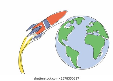 Continuous one line drawing rocket flying and beside it is a globe. Space expedition completed. Back to earth. Knowledge about the moon. National Space Day. Single line draw design vector illustration