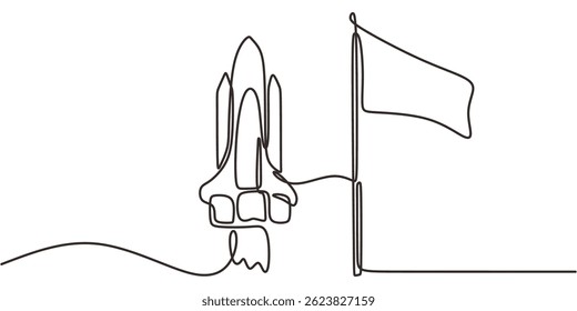 Continuous One Line Drawing Rocket Flag Take Off. Minimalist success business startup launch growth ambition vector art.
