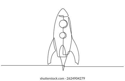 Kontinuierliche einzeilige Zeichnung von Raketenstart Schwarze Skizze einzeln auf weißem Hintergrund. Rakete Minimalist Einfache lineare Vektorgrafik für modernes Design. Keine AI