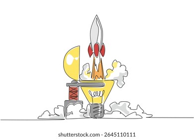 Continuous one line drawing rocket fly from inside lightbulb with the top open. The result of genius thinking. New opportunities. National Creativity Day. Single line draw design vector illustration