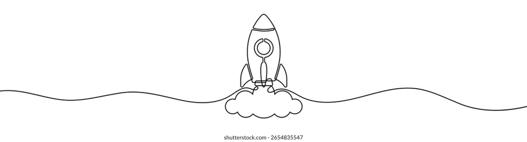 Continuous one line drawing of a rocket launch. Minimalist space or startup symbol. Vector illustration.