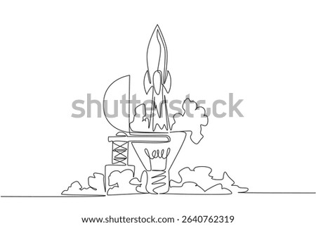 Continuous one line drawing rocket fly from inside lightbulb with the top open. The result of genius thinking. New opportunities. National Creativity Day. Single line draw design vector illustration