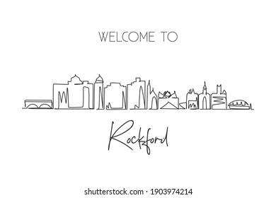 Continuous one line drawing Rockford city skyline, Illinois. Beautiful landmark. World landscape tourism travel wall decor poster print art. Stylish single line draw graphic design vector illustration