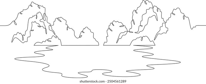Continuous one line drawing rocky mountains near the lake. Mountain landscape. Mountain lake. Rocks in the water.One continuous line isolated minimal illustration.