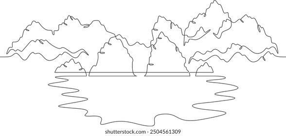 Continuous one line drawing rocky mountains near the lake. Mountain landscape. Mountain lake. Rocks in the water.One continuous line isolated minimal illustration.