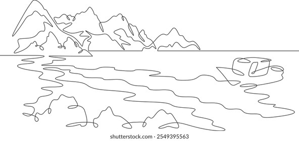 Uma linha contínua desenhando a paisagem rochosa. Barco perto da costa. Baía.Barco turístico na praia. Uma linha contínua isolada ilustração mínima.Não AI.
