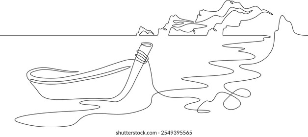 Continuous one line drawing rocky seascape.Boat near the shore. Bay.Tourist boat on the beach. One continuous line isolated minimal illustration.Not AI.